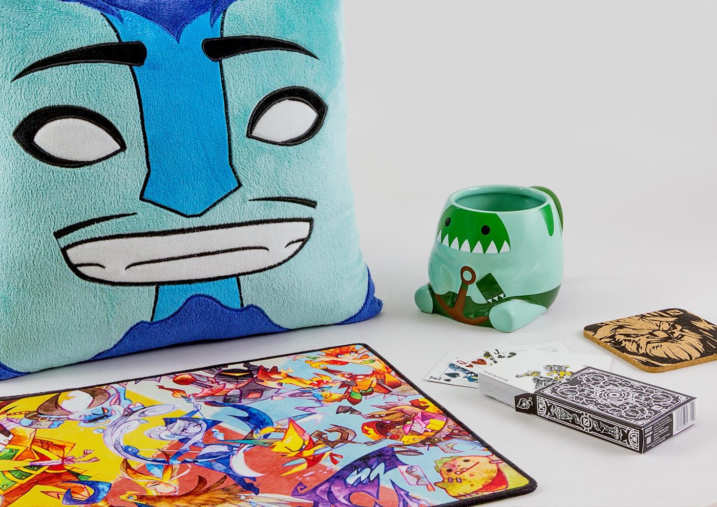 Plush pillow, ceramic mug, desk mat and playing cards