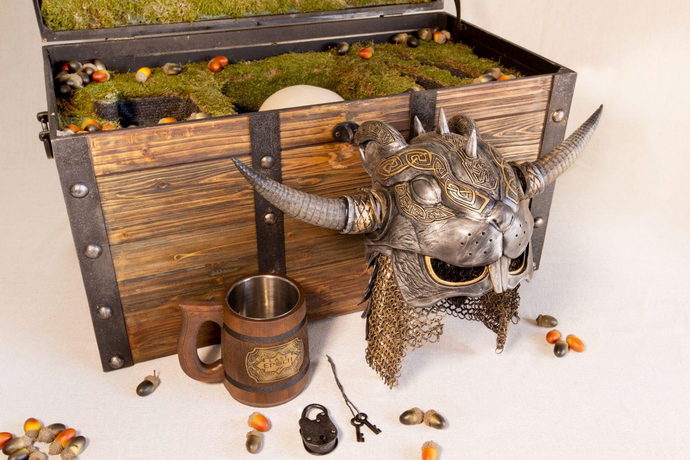 Influencer gift chest with a horned helmet, tankard and props
